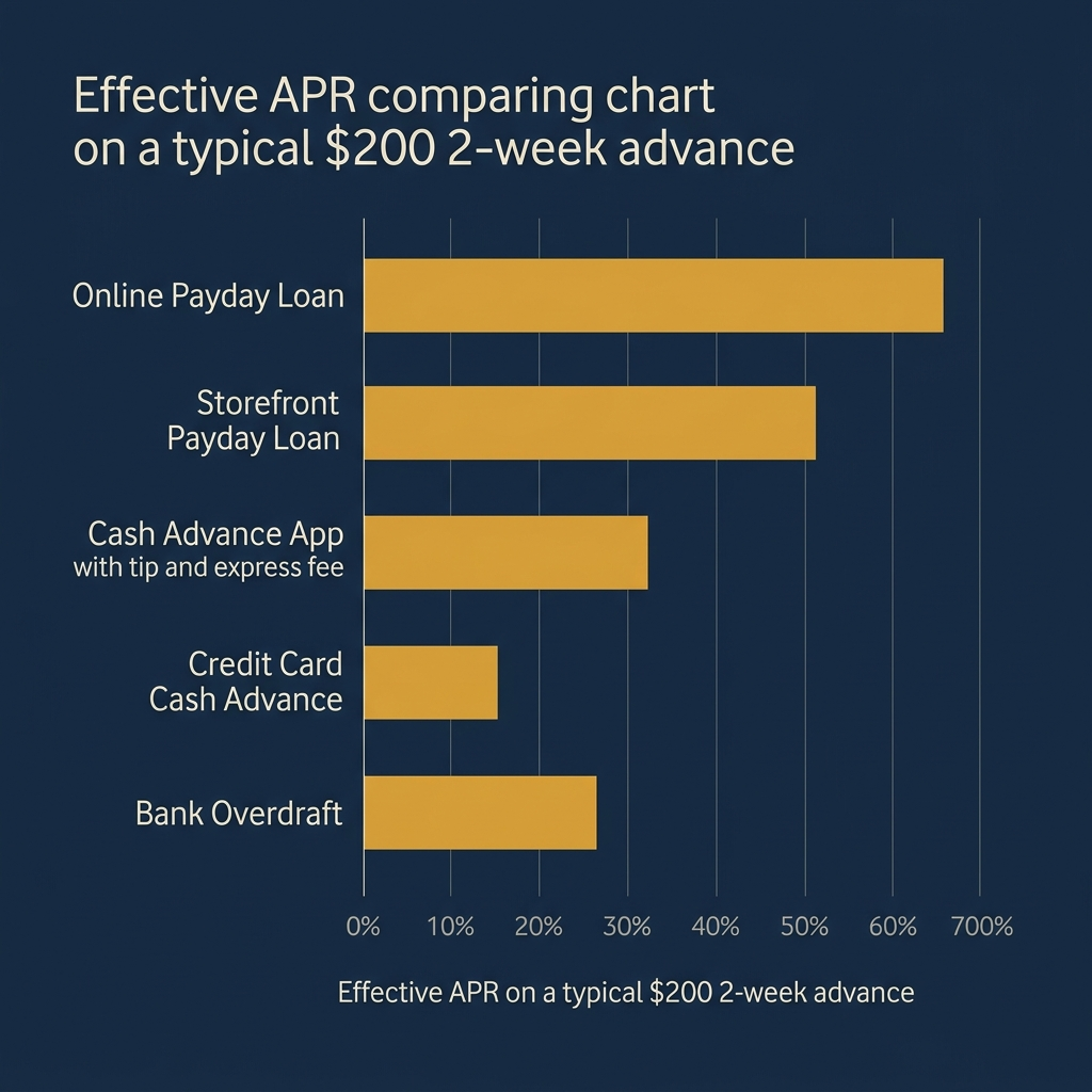 Bar chart comparing average effective APR across storefront payday loans, direct-to-consumer cash advance apps, employer-partnered EWA, and credit card cash advances