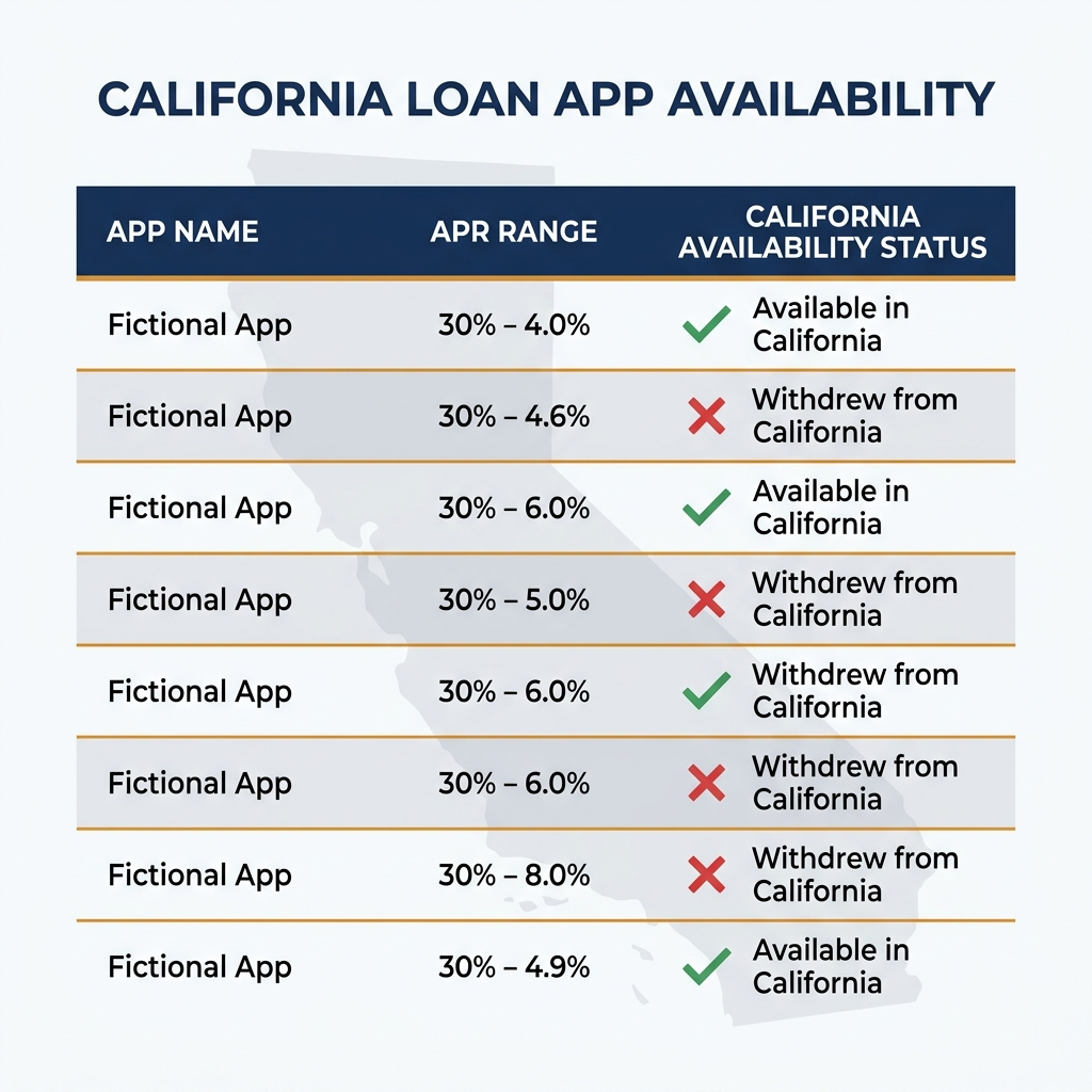 Comparison table of loan apps available in California with CFL license status, APR ceilings, and loan amount ranges