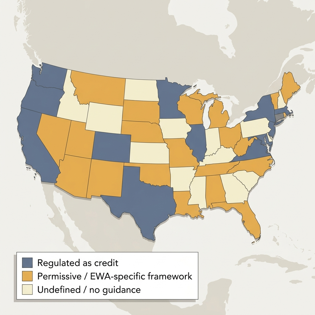 United States map shading states that classify earned wage access as a non-loan product, states with contested or active enforcement positions, and states that have not taken a formal position as of 2026