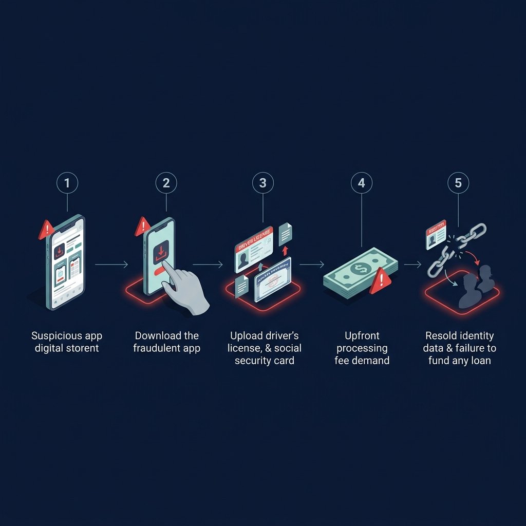 Infographic showing the fake loan app pipeline from unsolicited SMS through app install, ID upload, fee request, and silence