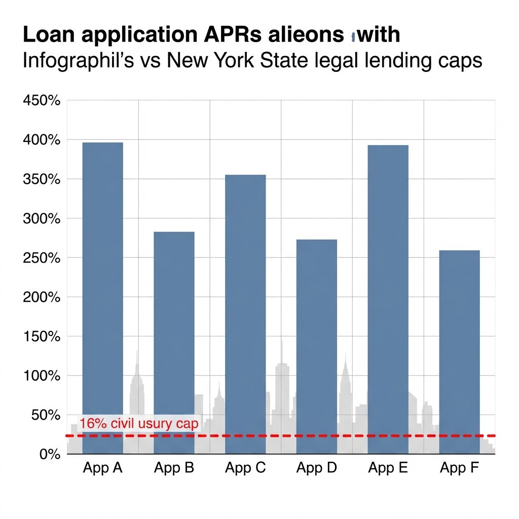 Horizontal bar chart comparing typical APRs of Dave, EarnIn, Brigit, MoneyLion, OppLoans, and SoLo Funds against New York's 16 and 25 percent caps