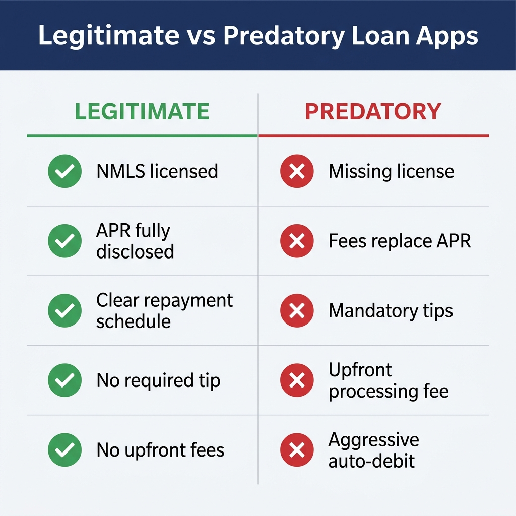 Infographic with seven checklist items comparing legitimate subprime loan apps and predatory ones, with green checks and red X marks