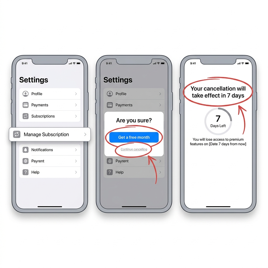 Side-by-side screenshots illustrating the cancellation flow for Brigit, Dave, and Tilt from in-app settings through confirmation, highlighting differences in number of steps required.