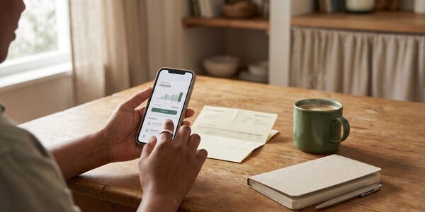 Person at a kitchen table comparing a mobile loan app on a phone with a paper bank statement, late-morning natural light