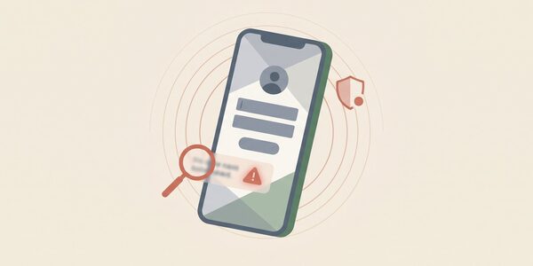 Editorial illustration of a smartphone showing a suspicious loan app login screen with a magnifying glass over the developer name
