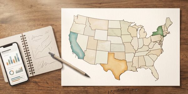 Editorial flat-lay of a stylized US map highlighting California, New York, and Texas in subtle accent tones, with a notebook and a phone alongside